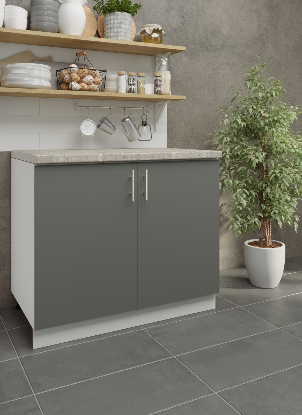 JD Greta grey matt kitchen base cabinet supplied with a worktop, showing cabinet design and dimensions