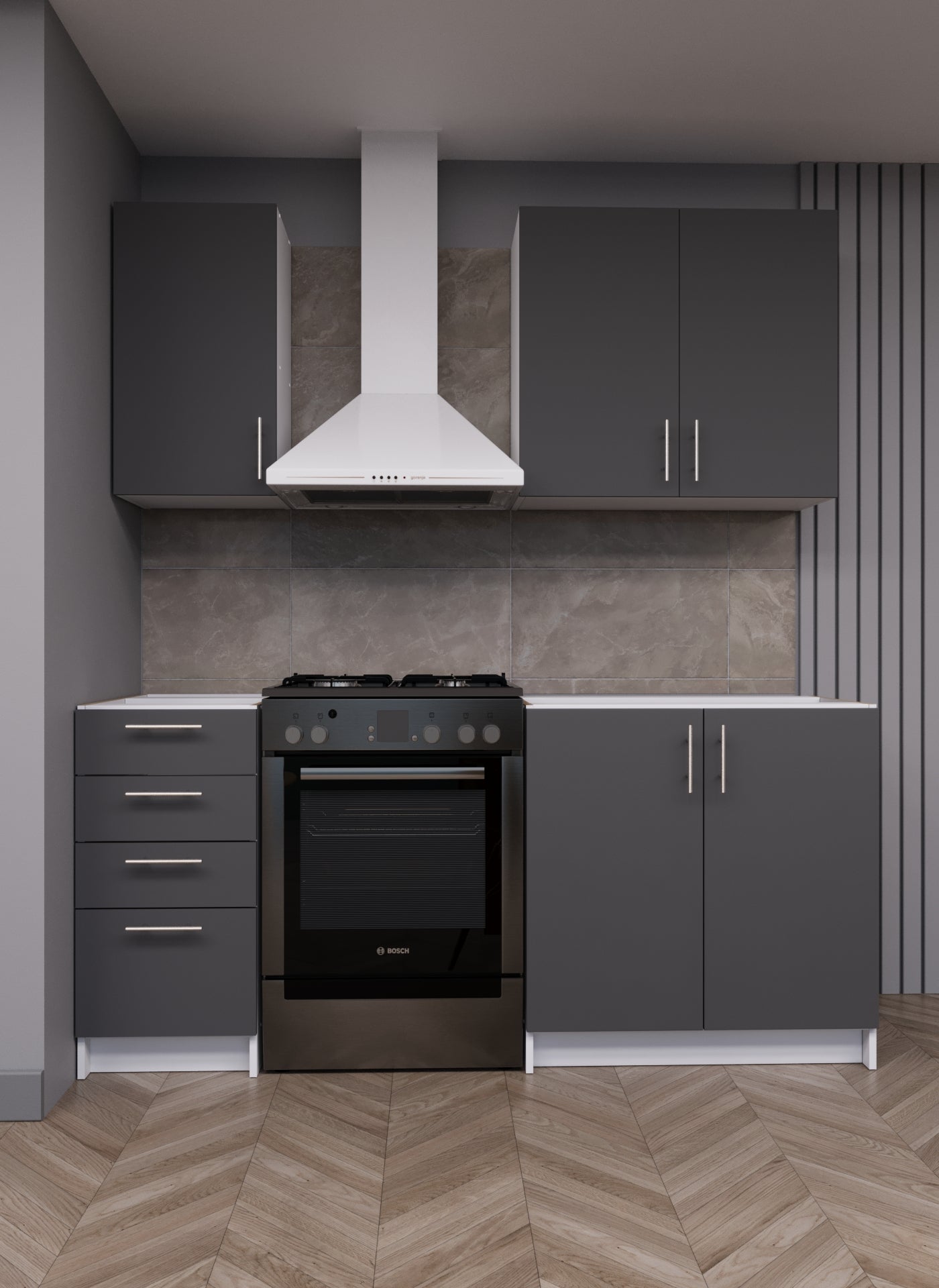 JD Greta 180cm grey kitchen layout showing a measured run of base and wall cabinets