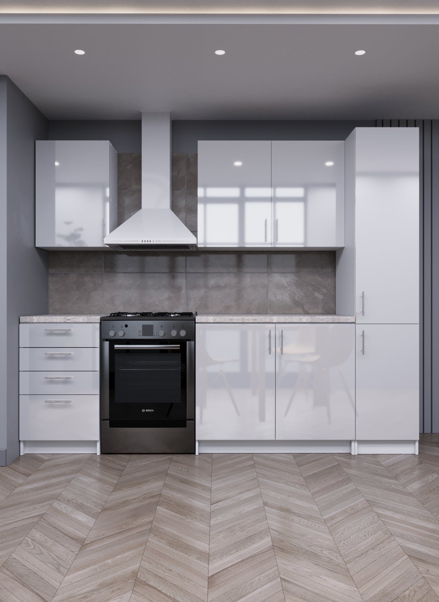 JD Greta 250cm white gloss modular kitchen set illustrating wall and base cabinets