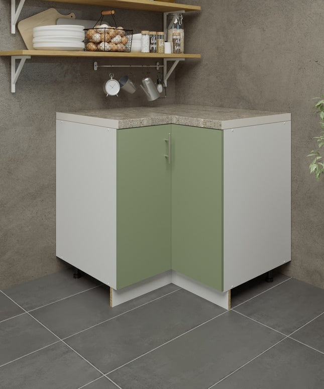 JD Greta Kitchen Adjustable 900mm Corner Cabinet - Sage Green Matt with Worktop