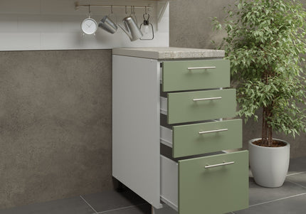 JD Greta Kitchen Adjustable 400mm Drawer Cabinet - Sage Green Matt with Worktop