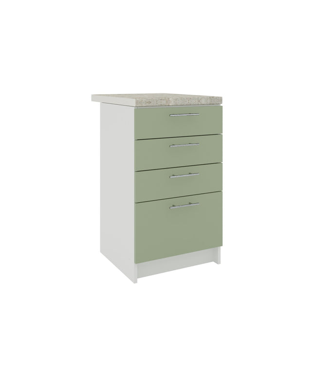 JD Greta Kitchen Fixed Height 500mm Drawer Cabinet - Sage Green Mat With Worktop