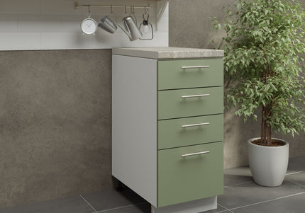 JD Greta Kitchen Adjustable 400mm Drawer Cabinet - Sage Green Matt with Worktop