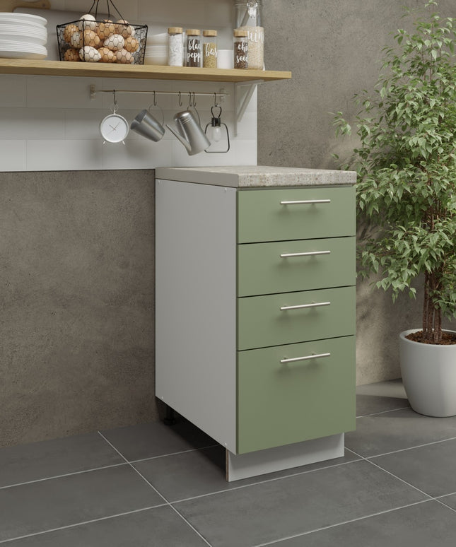 JD Greta Kitchen Adjustable 400mm Drawer Cabinet - Sage Green Matt with Worktop