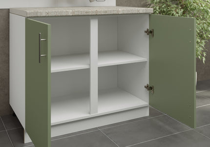 JD Greta Kitchen Adjustable 1000mm Base Cabinet - Sage Green Matt with Worktop