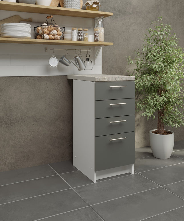 JD Greta Kitchen Base Drawer Unit 400mm Cabinet - Grey Matt (With Worktop)