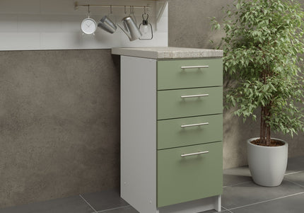 JD Greta Kitchen Fixed Height 400mm Drawer Cabinet - Sage Green Mat With Worktop