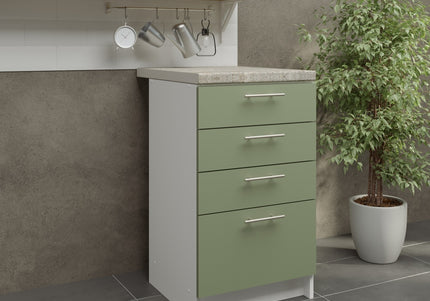 JD Greta Kitchen Fixed Height 500mm Drawer Cabinet - Sage Green Mat With Worktop
