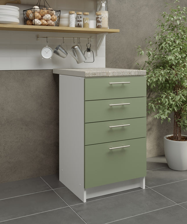JD Greta Kitchen Fixed Height 500mm Drawer Cabinet - Sage Green Mat With Worktop