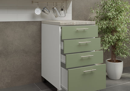 JD Greta Kitchen Adjustable 500mm Drawer Cabinet - Sage Green Matt with Worktop