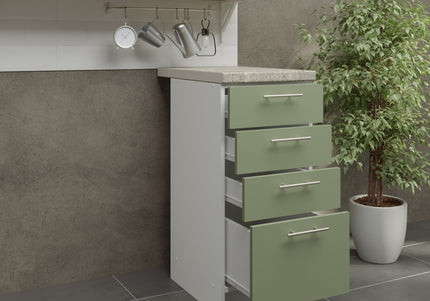 JD Greta Kitchen Fixed Height 400mm Drawer Cabinet - Sage Green Mat With Worktop