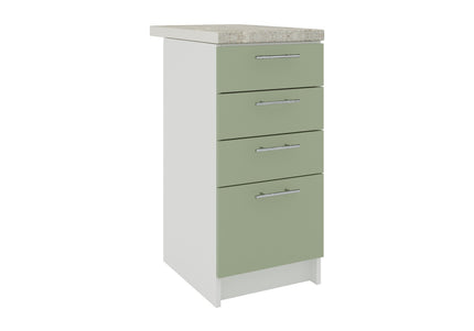 JD Greta Kitchen Fixed Height 400mm Drawer Cabinet - Sage Green Mat With Worktop