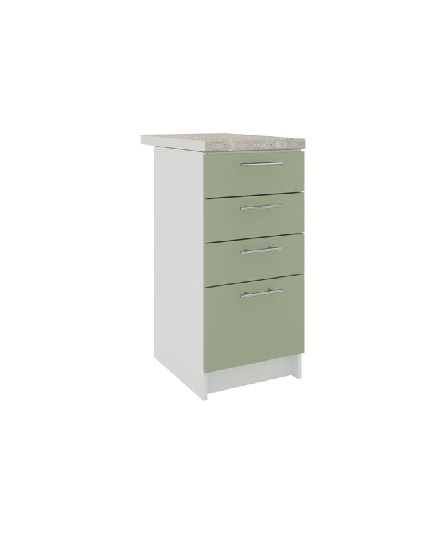 JD Greta Kitchen Fixed Height 400mm Drawer Cabinet - Sage Green Mat With Worktop