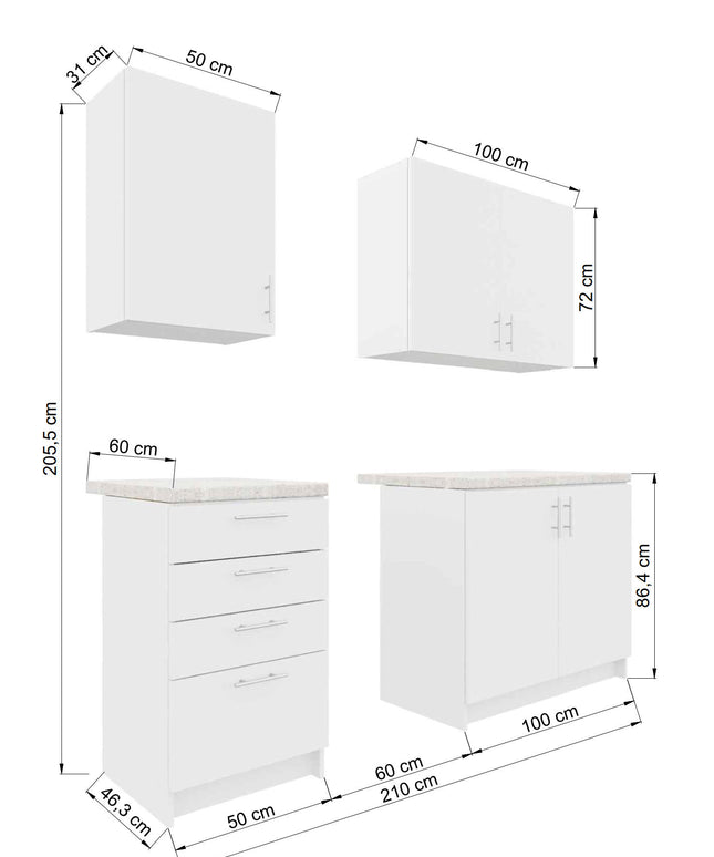JD Greta Fixed Height 210cm 5 Piece Complete Kitchen - White Gloss With Worktops