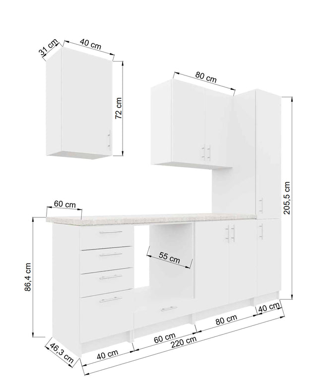 JD Greta Fixed Height 220cm 6 Piece Complete Kitchen - White Gloss With Worktops