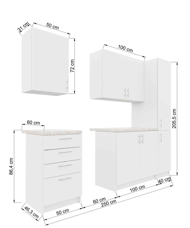 JD Greta Fixed Height 250cm 5 Piece Complete Kitchen - White Gloss With Worktops