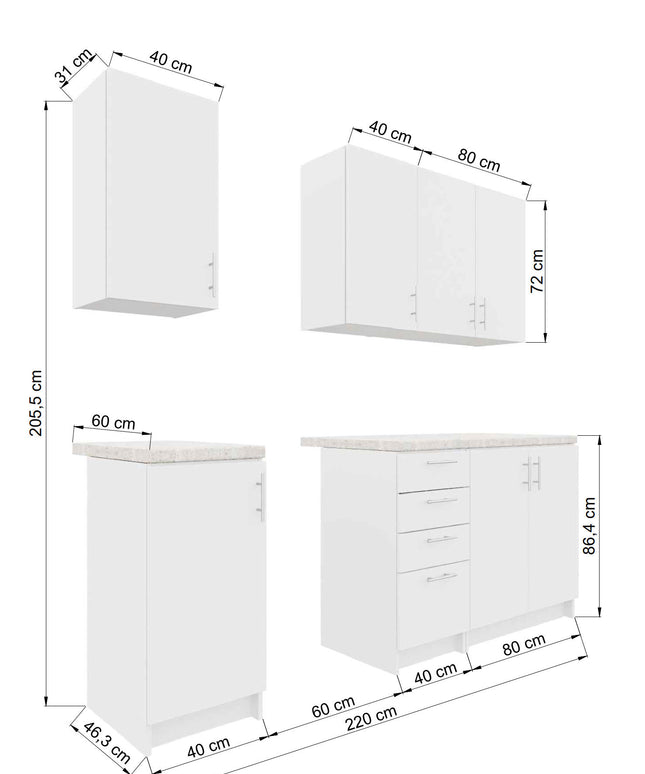 JD Greta Fixed Height 220cm 6 Piece Complete Kitchen - Dark Grey Matt With Worktops