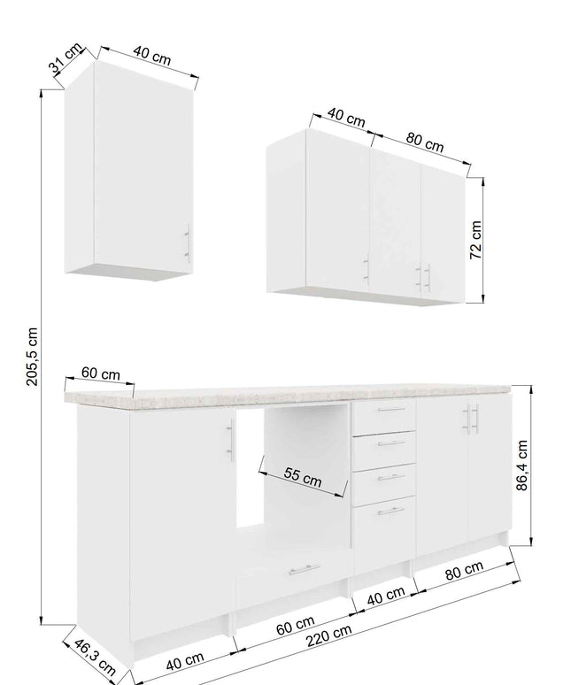 JD Greta Fixed Height 220cm 7 Piece Complete Kitchen - White Gloss With Worktops