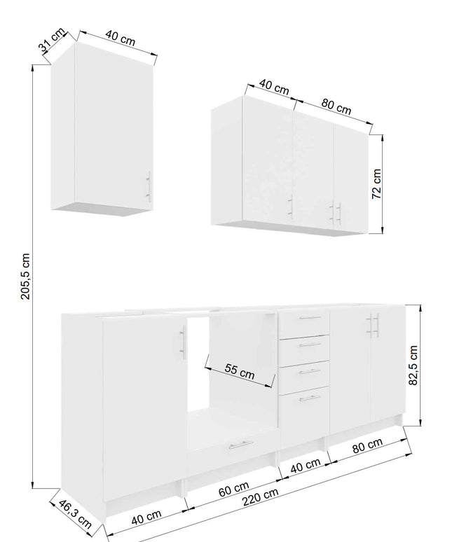 JD Greta Fixed Height 220cm 7 Piece Complete Kitchen - White Gloss